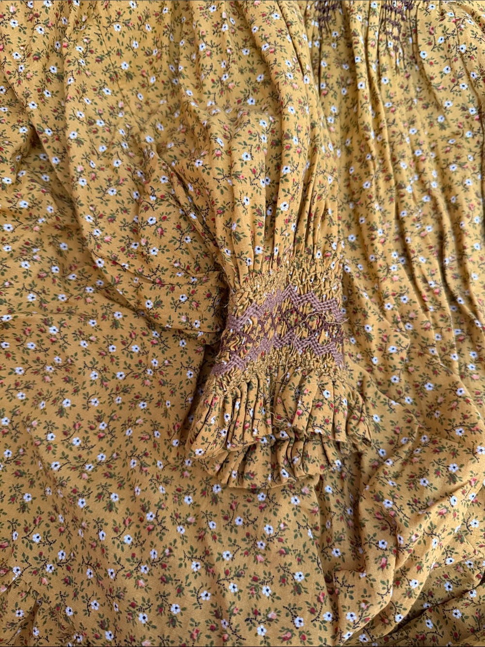 Doen Mustard Floral Peasant Dress with Smocked Yoke - Picture 5 of 6